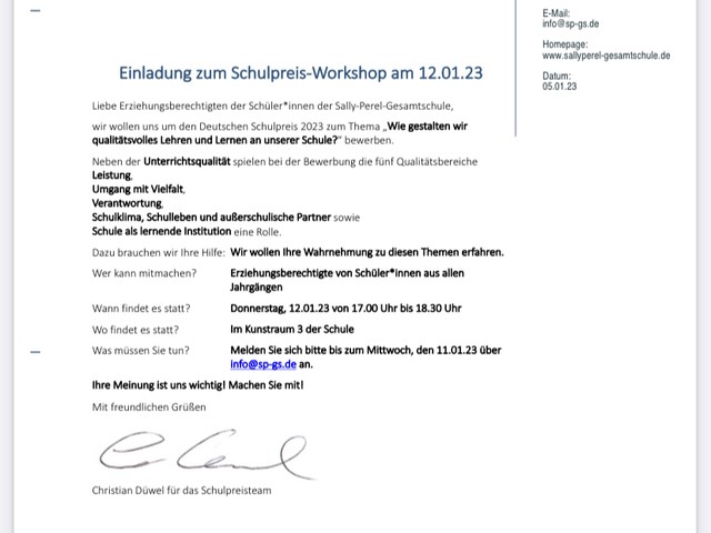 TERMINVERSCHIEBUNG: Workshop zum Deutschen Schulpreis